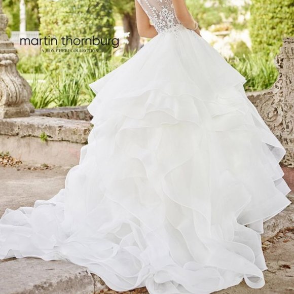 SAMPLE Mon Cheri, New Sheer Bodice Sexy Wedding Dress Ruffle Ballgown - Picture 6 of 9